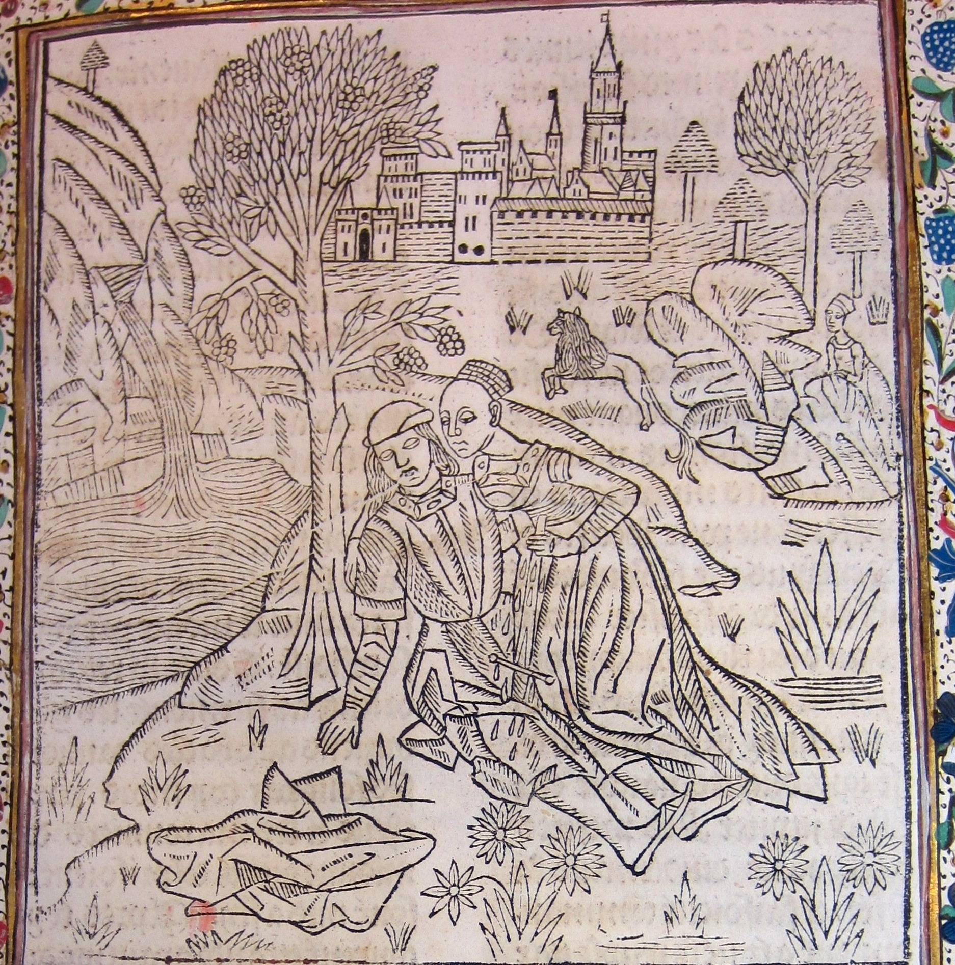 A 15th century woodcut showing two dying figures with a lion, village, and fountain in the background