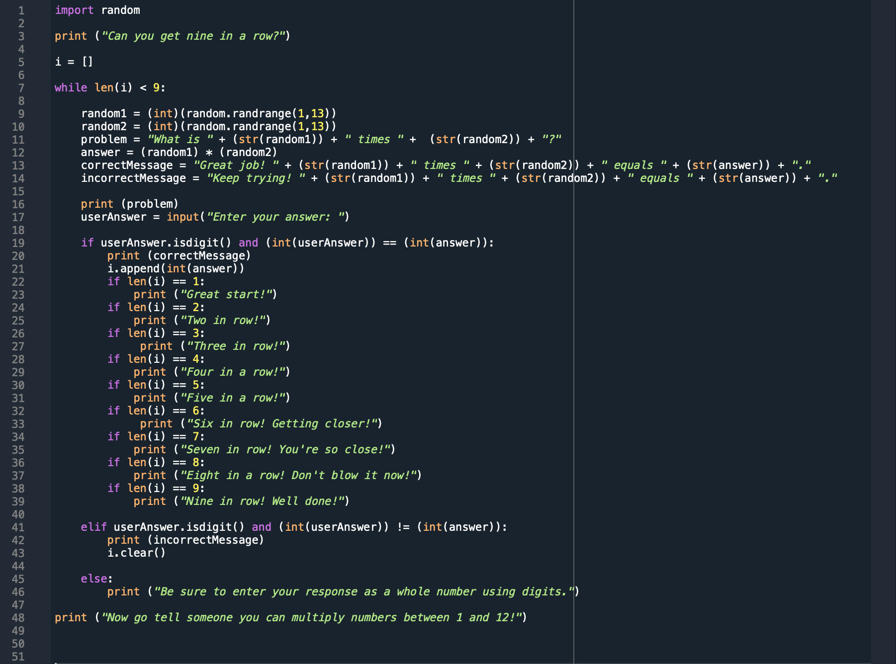 Screenshot of the Python multiplication app code