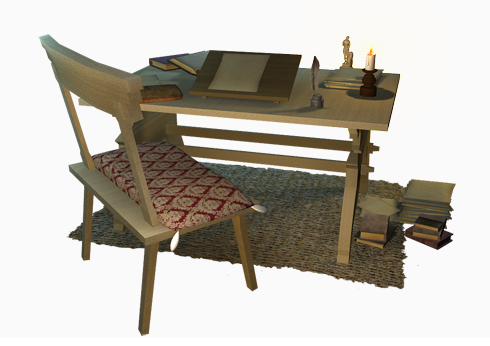 Desk, with paper, pen and ink, and books (including <em>The Faerie Queene</em>)